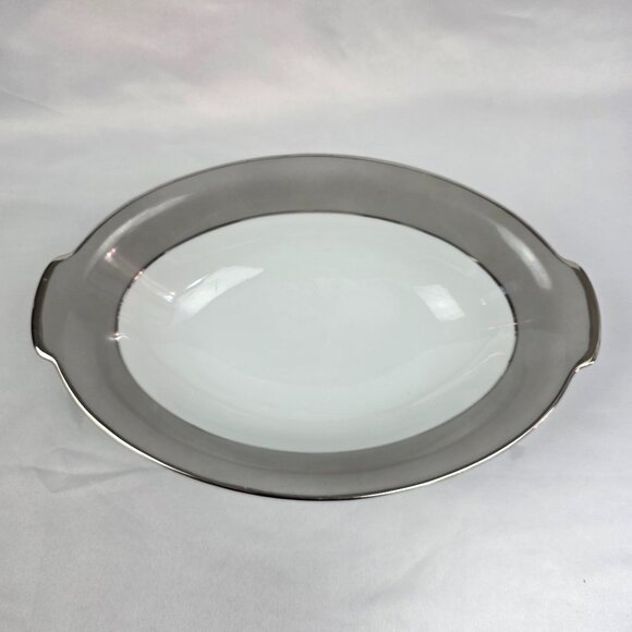 Sango Plantina Oval Serving Bowl 10 Inch White with Gray Band & Platinum Trim - Picture 1 of 11